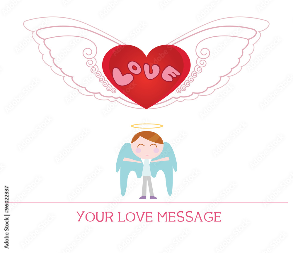 Obraz premium cute cartoon illustration of young angel man in love, love card.