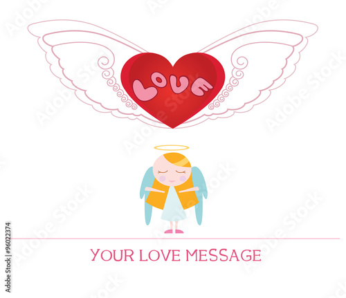 cute cartoon illustration of young angel woman in love, love card.