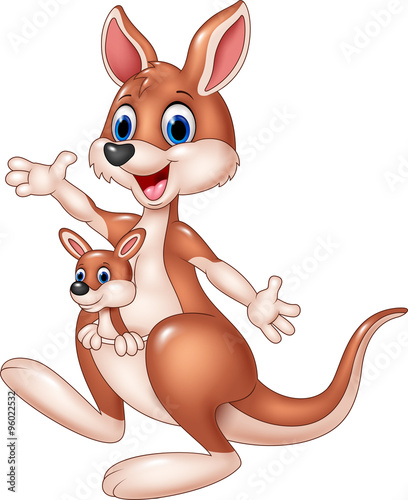 Cartoon cute kangaroo waving hand with baby joey. Isolated on white background