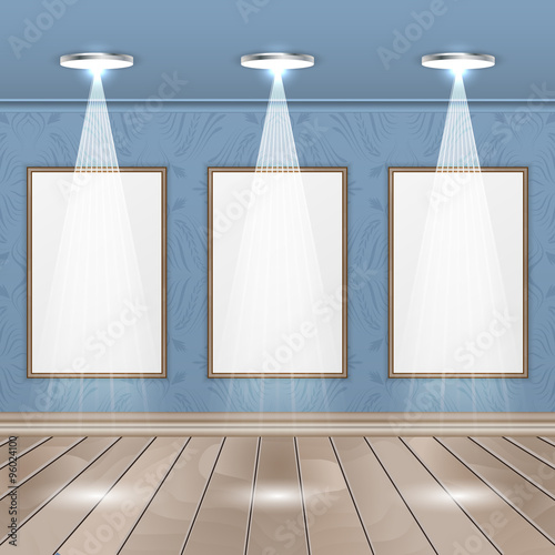 Interior rooms with wooden floor, image, spotlights and seamless wallpaper.