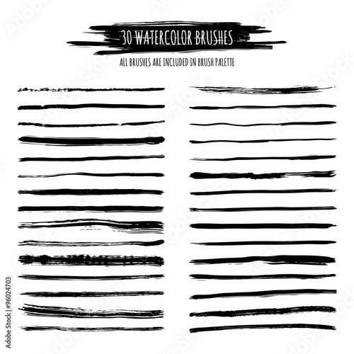 Set of black watercolor, ink hand drawn brush strokes, borders,