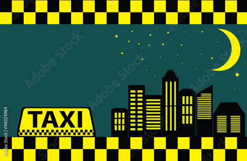 black card with taxi and night city skyscrapers