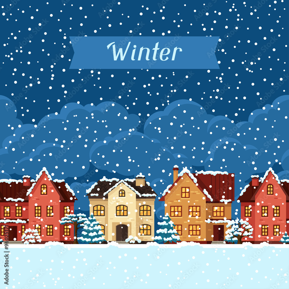 Winter urban landscape card with houses and trees
