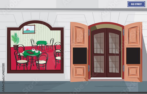 Exterior and interior traditional cafe in france. Romantic restaurant in the historic town. Vector simple cartoon illustration.