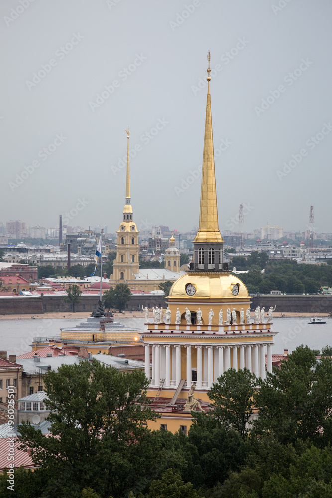 Panorama photo during twilight over the roofs of St Petersburg, Russia