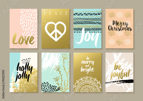 Merry christmas retro hipster boho hippie card set