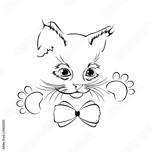 Cute outline cat head with paws and bow-knot. Hand drawn cat.