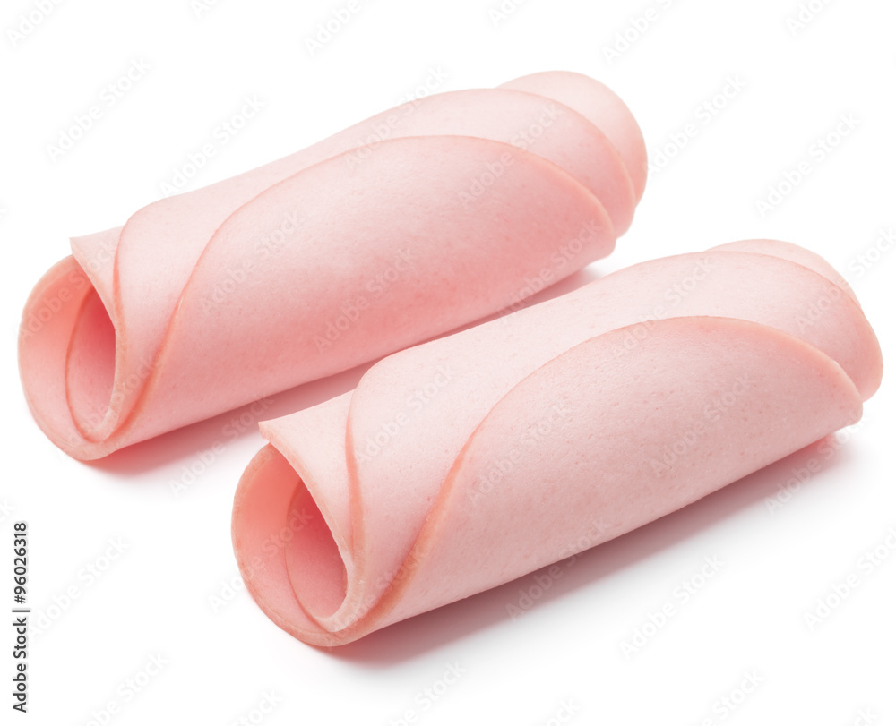 cooked boiled ham sausage or rolled bologna slices isolated on w cooked boiled ham sausage or rolled bologna slices isolated on w