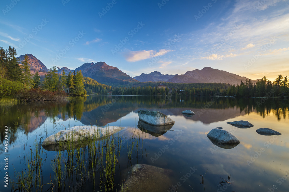 sunrise over a mountain lake Strbske Pleso sunrise over a mountain lake Strbske Pleso