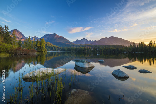 sunrise over a mountain lake Strbske Pleso