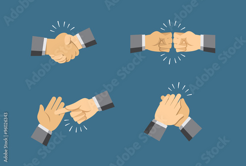Two hand icons. Collection of Various gestures. Handshake. Applaus.e. Simple flat cartoon vector illustration.
