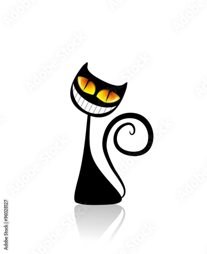 black cat with Cheshire smile