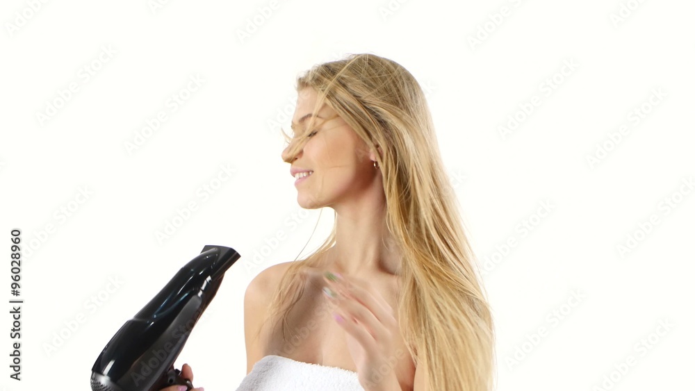 woman in bathroom drying hair with blow dryer, bathroom woman in bathroom drying hair with blow dryer, bathroom