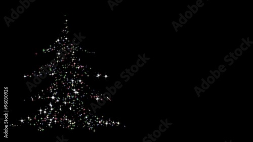 Animation of appearing Christmas tree from colored sparkles. The sparkles form silhouette of Christmas tree. The tree gleams and shines on black background for several second, then tree scatters back