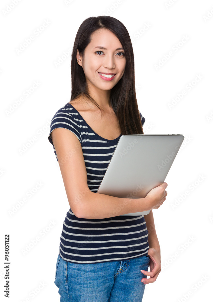 Asian Young Woman hold with laptop computer Asian Young Woman hold with laptop computer