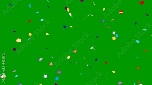 Animation of the falling rotating confetti in shape of heart, star, polygon. Green screen background