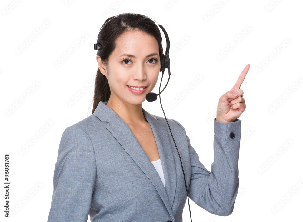 Customer services representative with finger point up Customer services representative with finger point up