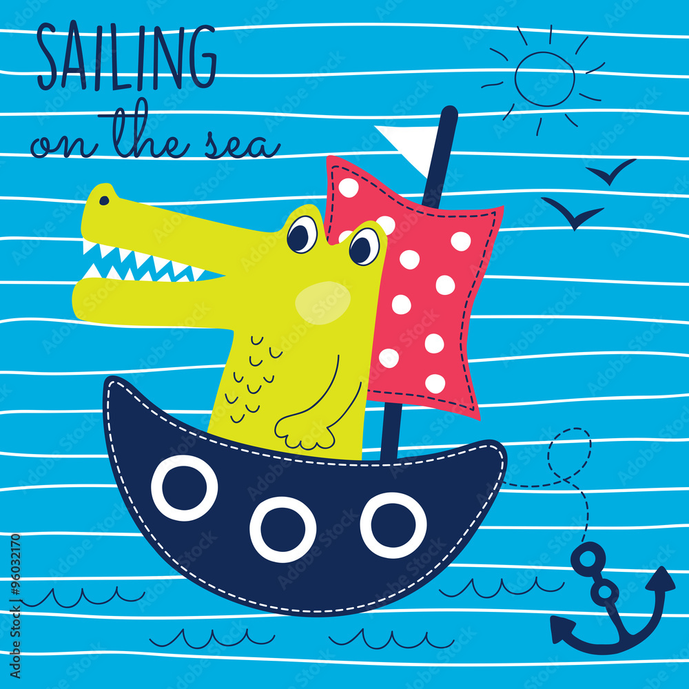 Naklejka premium sailing crocodile on the sea vector illustration