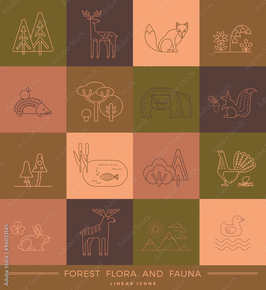 Vector linear icons of forest flora and fauna.