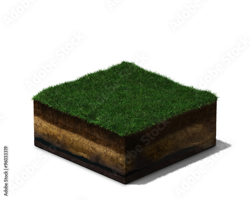 3d illustration of section of land with grass and soil, isolated on white background
