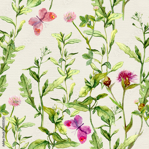 Herbs, flowers, butterflies, meadow grass. Vintage repeated floral pattern. Retro watercolour