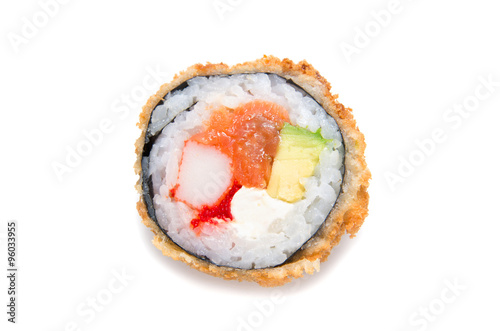 Deep-fried Japanese roll with crab meat, salmon, avocado, caviar