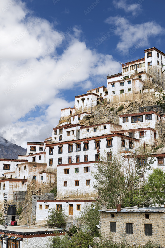 Tibetan style white monastery in mountains of Spiti valley