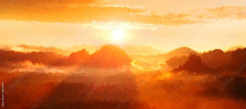 Watercolor paint. Paint effect. Red misty landscape panorama in mountains. Fantastic dreamy sunrise in mountains above foggy misty valley below