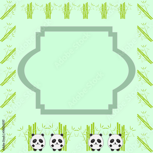 Fototapeta Naklejka Na Ścianę i Meble -  Cartoon frame - bamboo & three little pandas illustration