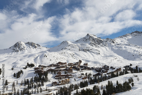 Winter ski alpine resort village view photo
