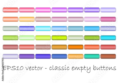 Set of classic empty web buttons in different color shades. Useful for hover effect. Soft and vivid color gradient, fine frame.
