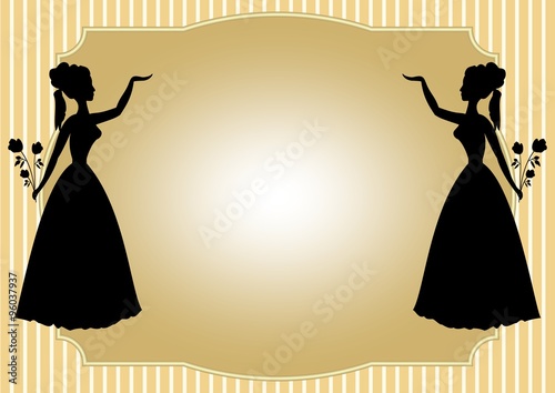 Mirror silhouette of a Victorian lady with a bouquet of roses on a pale yellow striped background. Place for your own text - invitation to a dance, feast, celebration, cultural program.