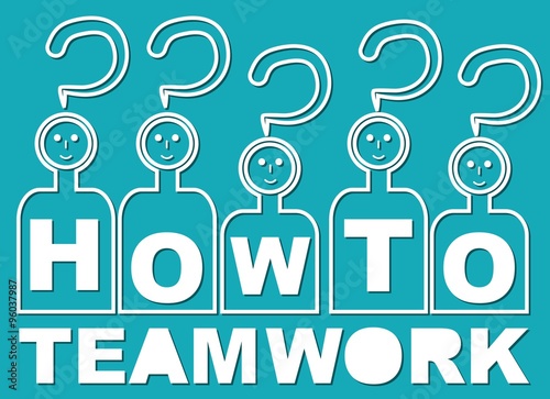 How to? That is teamwork. Team with heads in guestion mark shape and with letters on shirt. White line template on green background for presentation, teamwork training, soft skills education