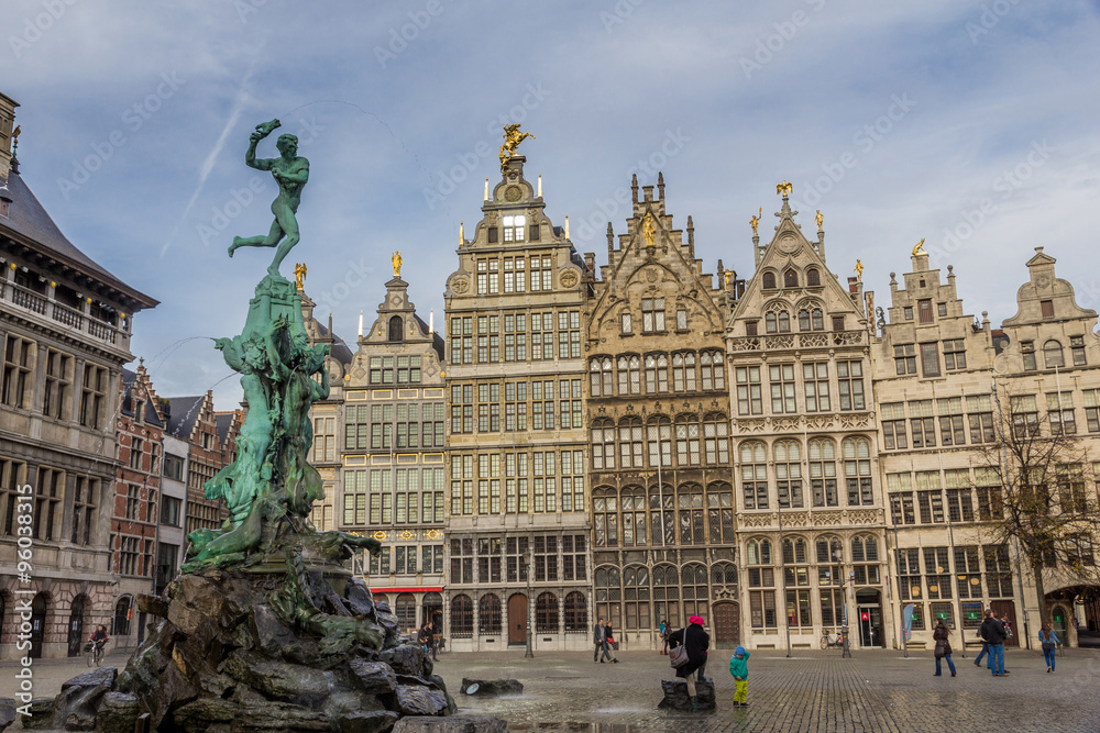Antwerp Marketplace with medieval Brabo fountain and old guildhalls houses at Grote Markt square, Antwerpen, Belgium

