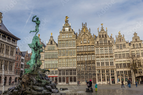 Antwerp Marketplace with medieval Brabo fountain and old guildhalls houses at Grote Markt square, Antwerpen, Belgium 