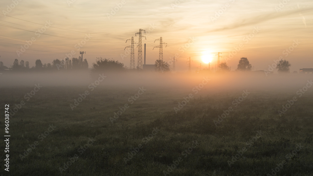 Suburban sunrise background, with pylons, really colorful