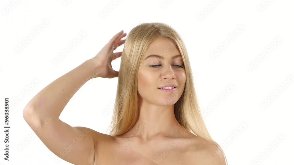 Beautiful woman with long straight blond hair. slow motion, bathroom Beautiful woman with long straight blond hair. slow motion, bathroom