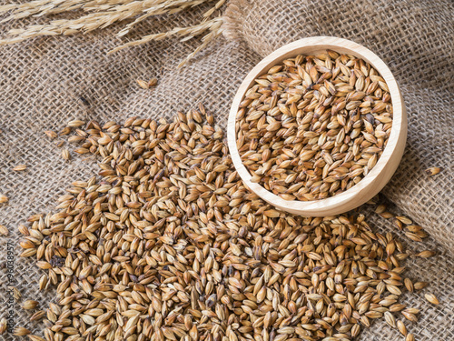 Fotografija Beer ingredients, Caramel malt in wooden bowl and on sackcloth