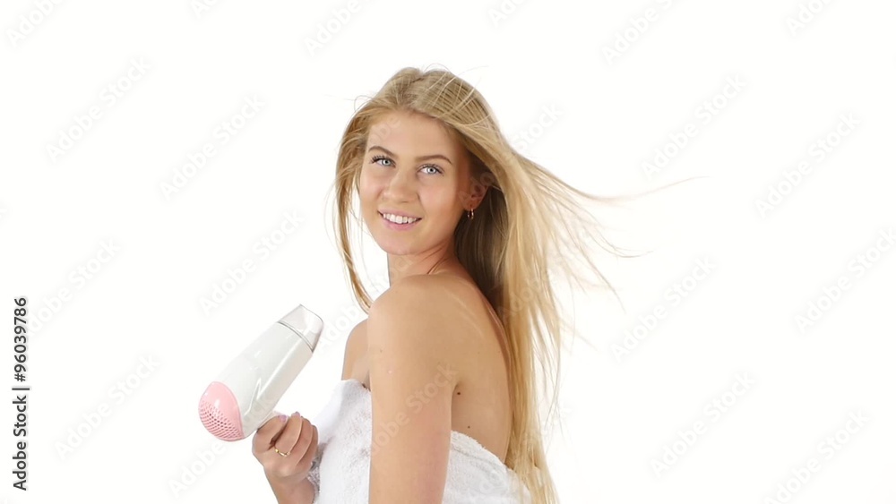 woman in bathroom drying hair with blow dryer, slow motion, bathroom woman in bathroom drying hair with blow dryer, slow motion, bathroom