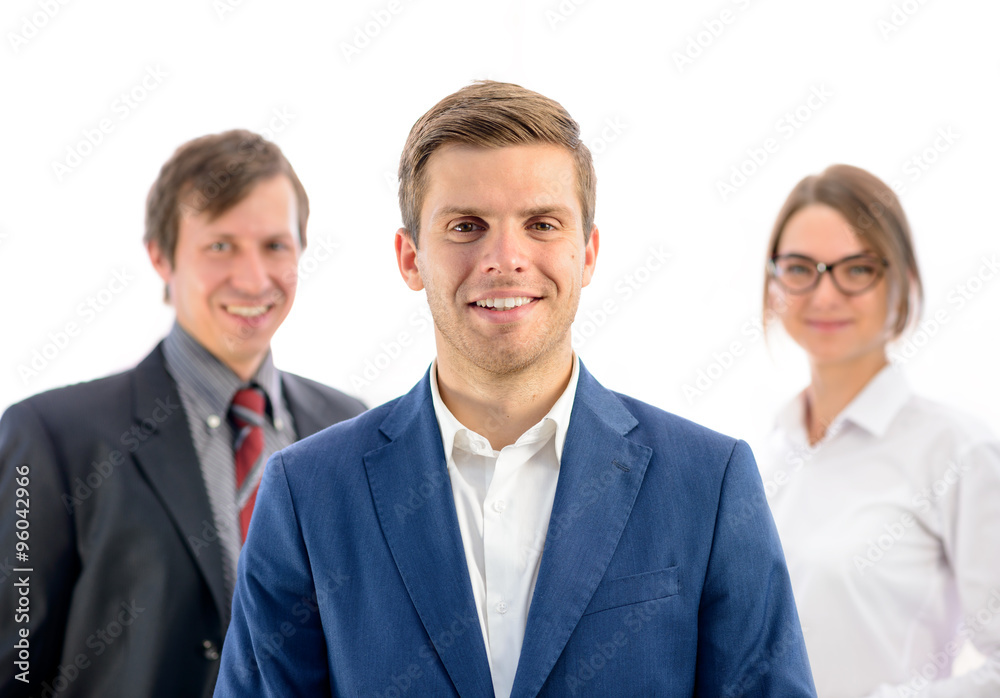 Portrait of Smiling Businessman Leader Looking at Camera on Background of Business People Portrait of Smiling Businessman Leader Looking at Camera on Background of Business People