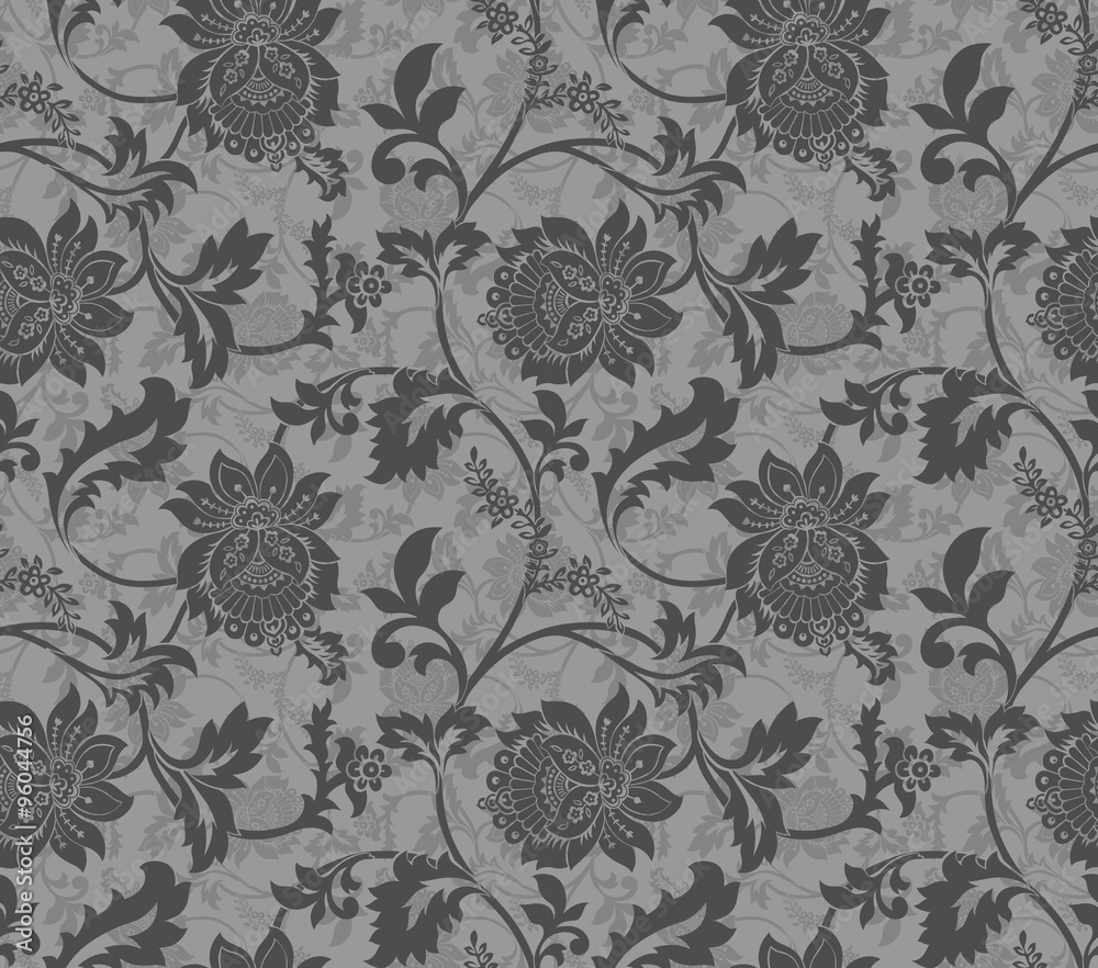 Grey Ornamental Flowers Seamless Pattern