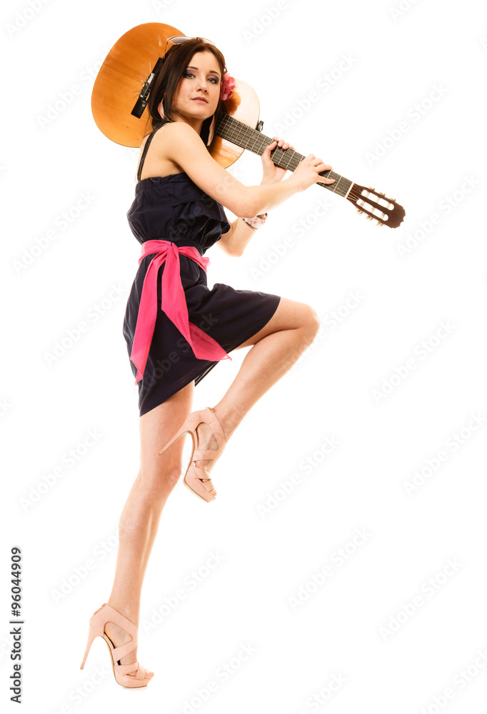 Music lover, summer girl with guitar isolated Music lover, summer girl with guitar isolated