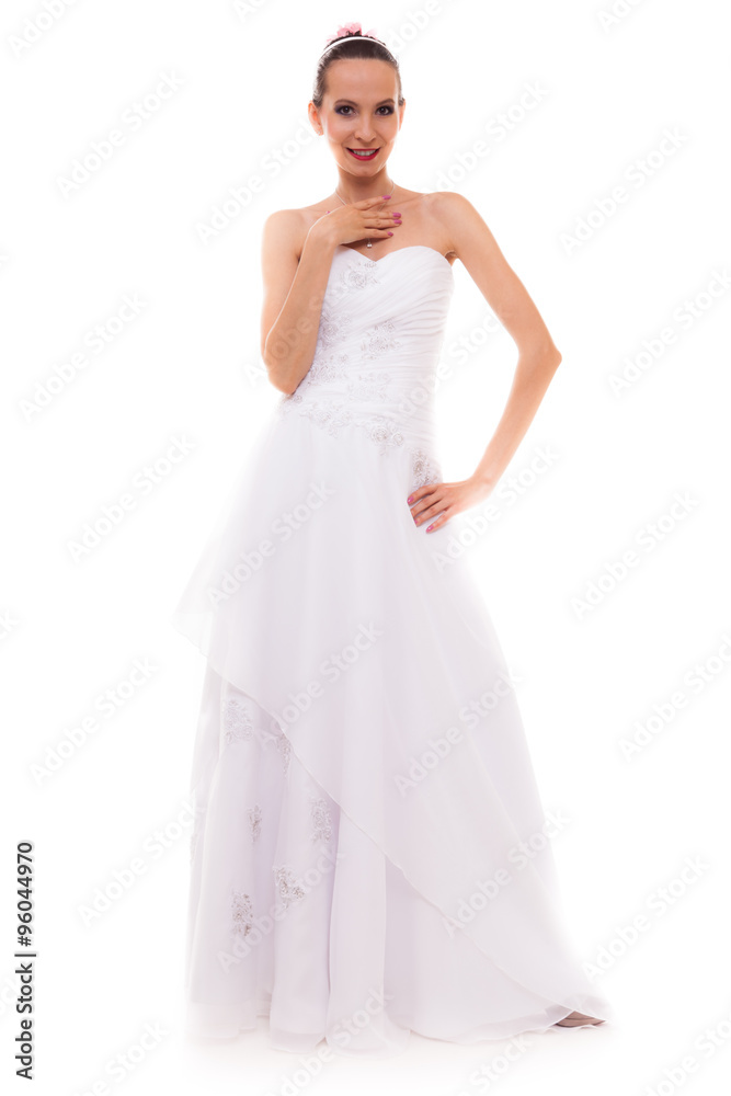 Full length bride in white wedding gown isolated Full length bride in white wedding gown isolated