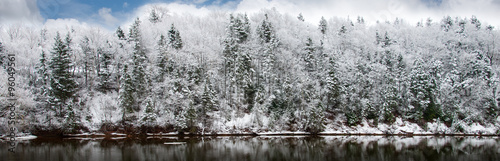 Reflections in black water after a new snowfall