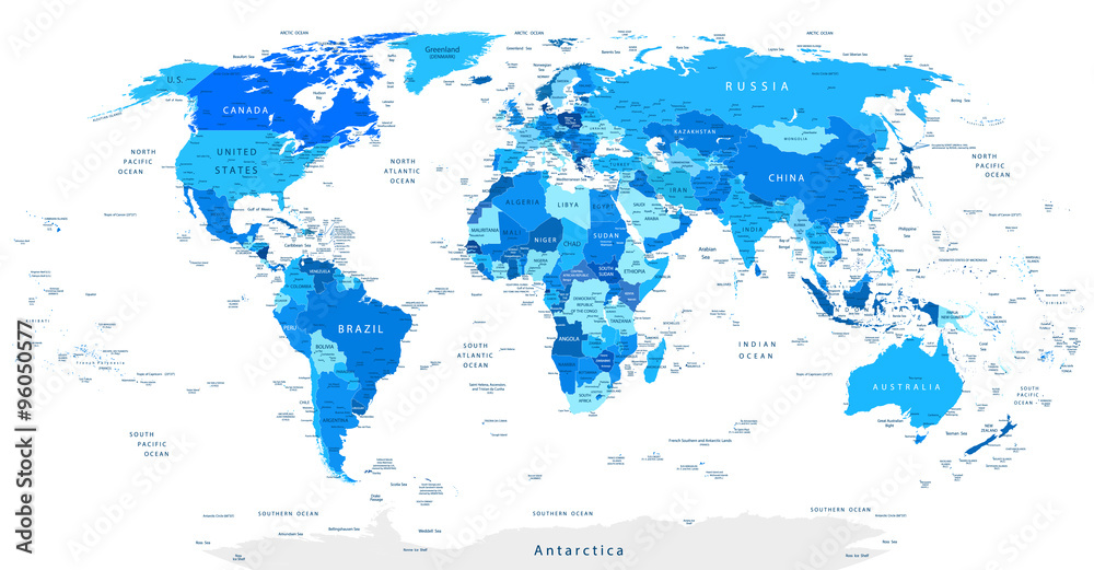 Obraz Szczegółowa mapa świata na niebiesko