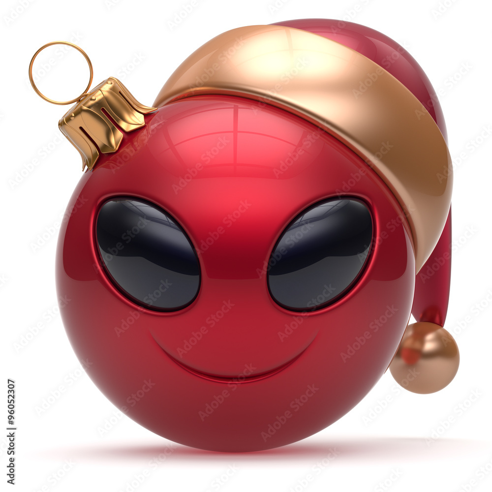 Christmas ball Happy New Year's Eve bauble smiley alien face cartoon cute  emoticon decoration red. Merry Xmas cheerful funny smile Santa hat person  character toy laughing eyes joy adornment 3d render Stock