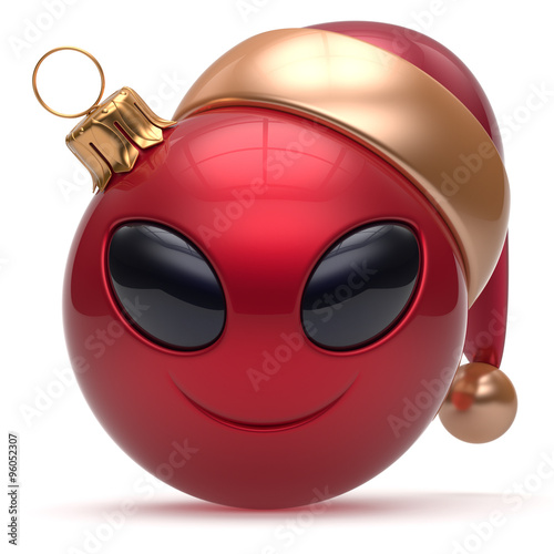 Christmas ball Happy New Year's Eve bauble smiley alien face cartoon cute emoticon decoration red. Merry Xmas cheerful funny smile Santa hat person character toy laughing eyes joy adornment 3d render © snake3d