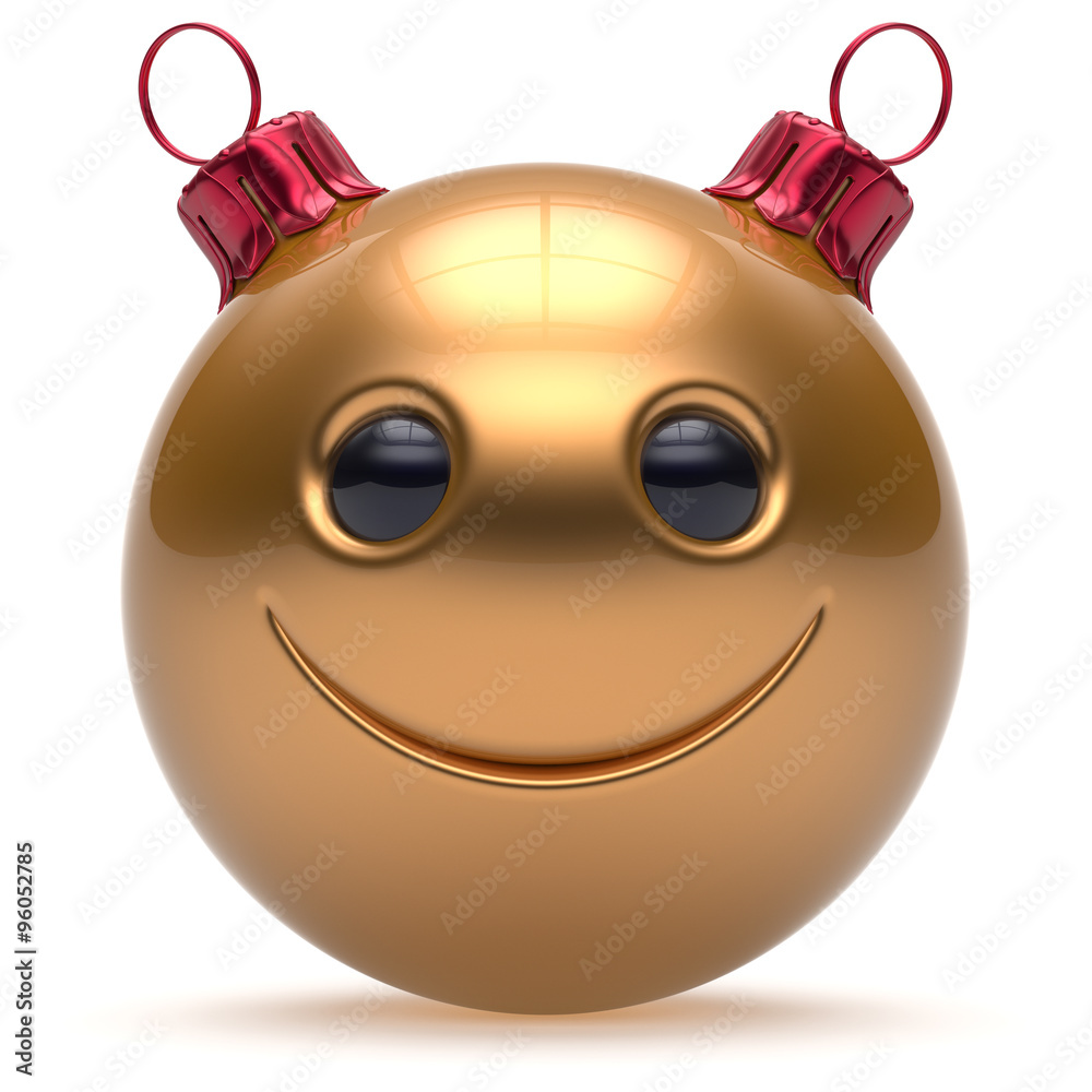 Christmas ball smiley face Happy New Year's Eve emoticon bauble cartoon cute decoration gold. Merry Xmas cheerful funny smile person character toy laughing joyful adornment souvenir concept. 3d render Christmas ball smiley face Happy New Year's Eve emoticon bauble cartoon cute decoration gold. Merry Xmas cheerful funny smile person character toy laughing joyful adornment souvenir concept. 3d render