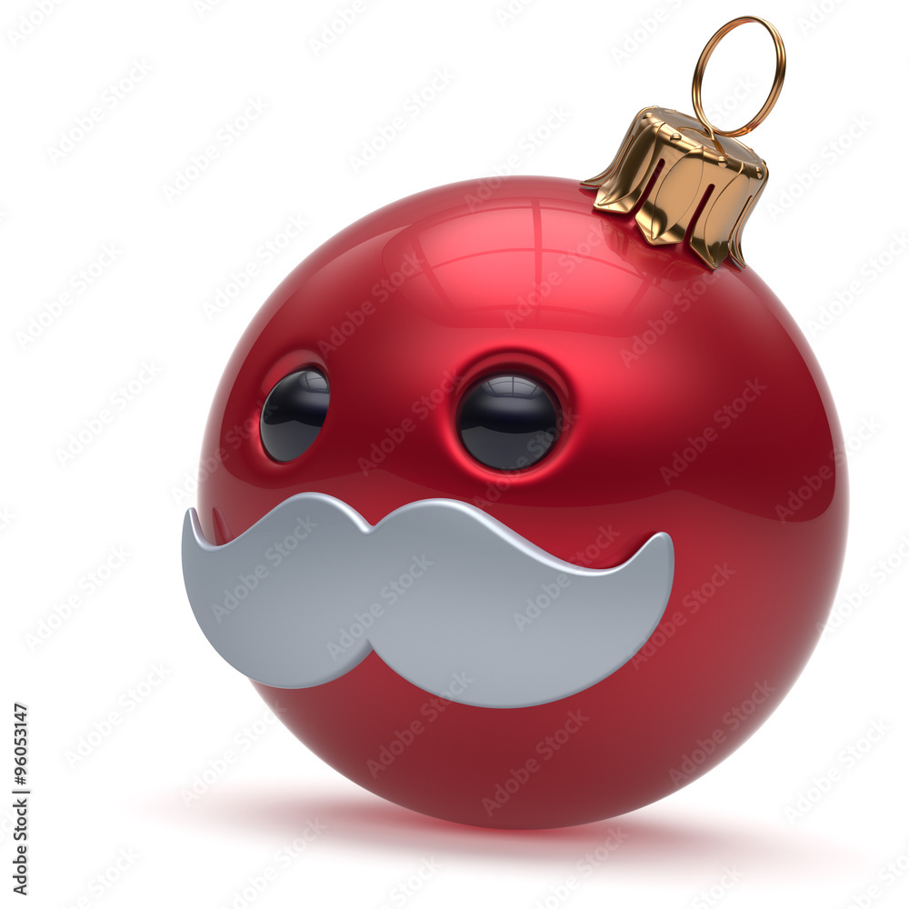 Christmas ball emoticon Happy New Year's Eve bauble ornament cartoon  mustache face decoration cute red. Merry Xmas cheerful funny person  laughing character toy souvenir adornment concept. 3d render Stock  Illustration | Adobe
