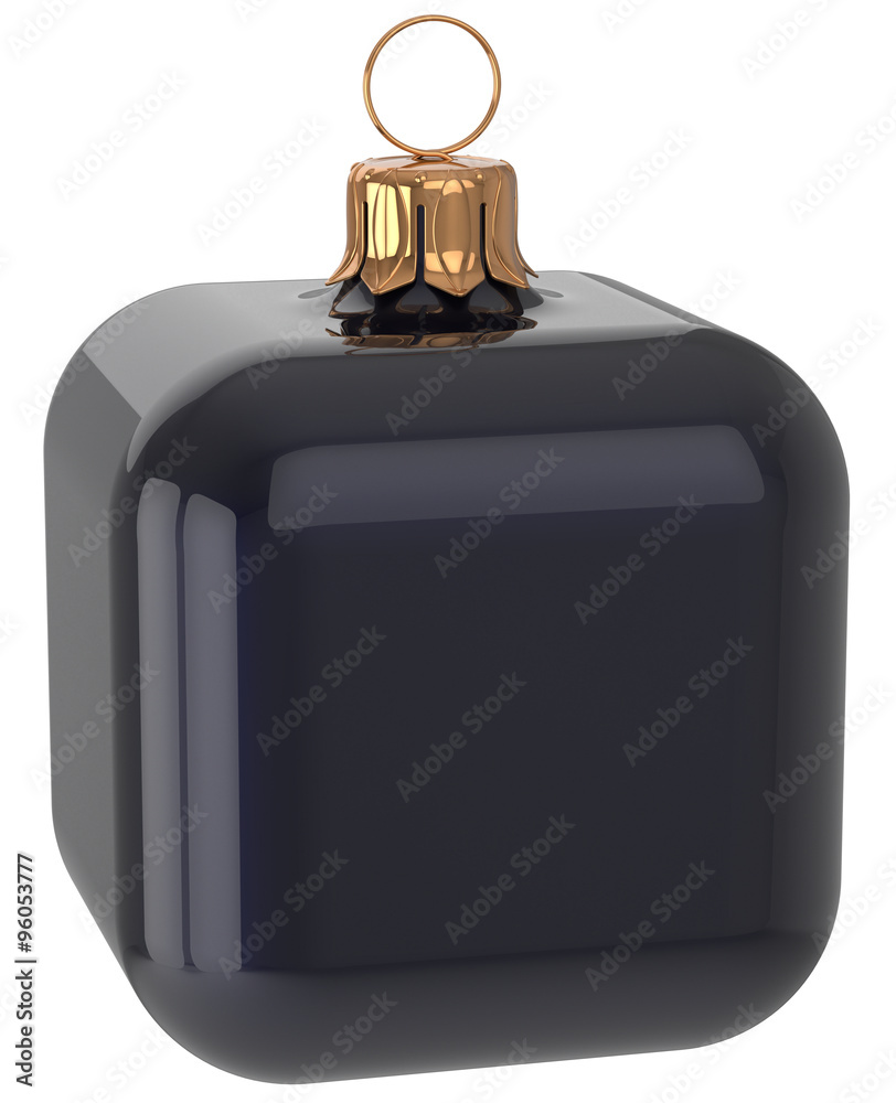 Obraz premium Christmas ball cube geometric unusual black decoration New Year's Eve bauble hanging adornment. Traditional wintertime holidays home square ornament Merry Xmas symbol shiny blank. 3d render isolated
